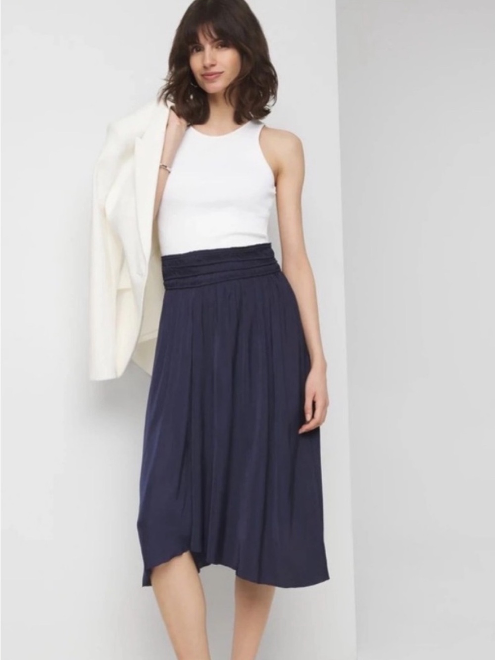WHBM NWOT Hem Navy Midi Skirt with Smocked Waistband